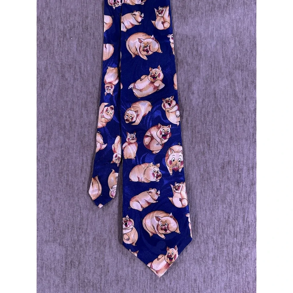 Gino Resillio Mens Navy Blue Pure Silk Novelty Pig Cartoon Animal Print Necktie